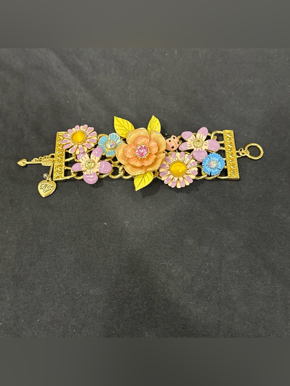 Betsey Johnson Floral Bracelet - Gold Tone Enamel Daisies, Rose & Ladybug Charm